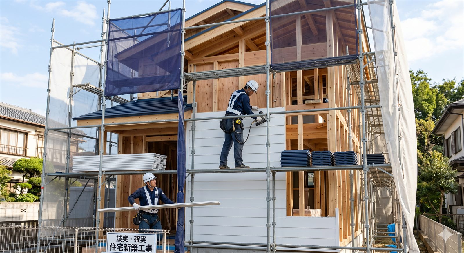 足場を組んだ外壁・屋根の施工現場