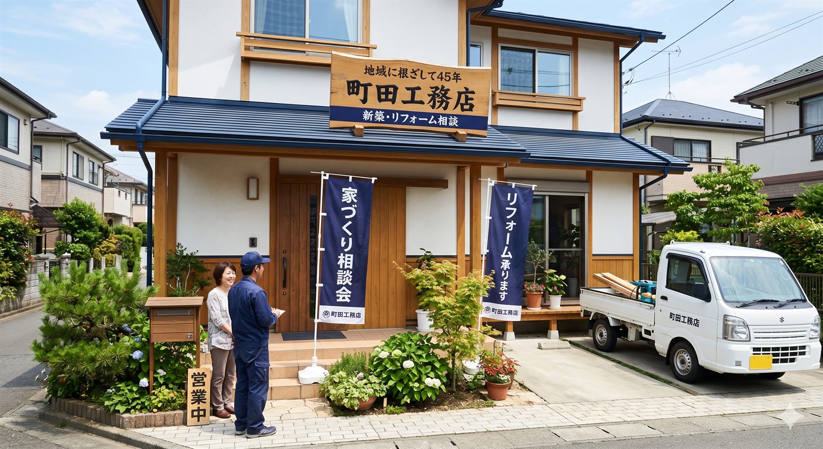 のぼりとトラックが見える町田工務店の社屋外観