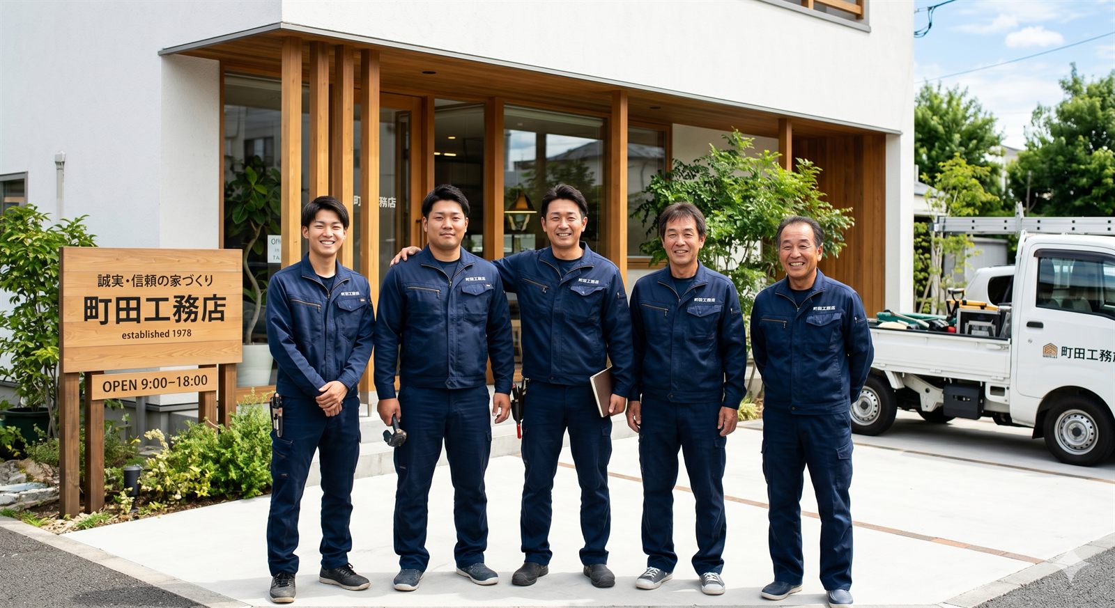 社屋前に並ぶ町田工務店の職人たちと看板